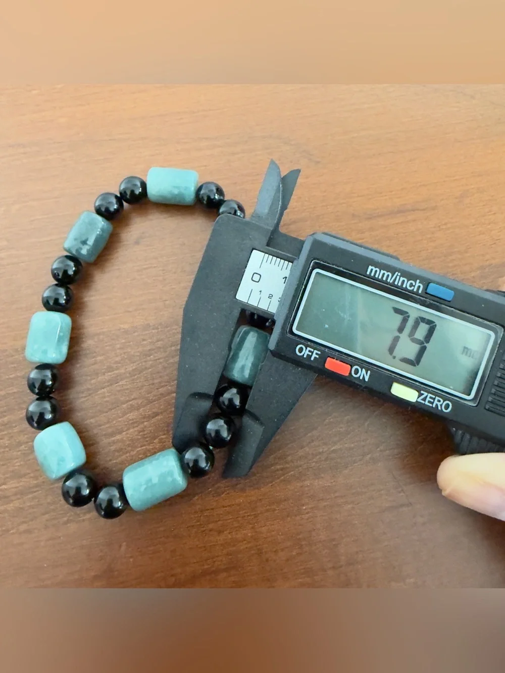 Blue Water Jade Barrel and Black Obsidian Bead Stretchable Bracelet